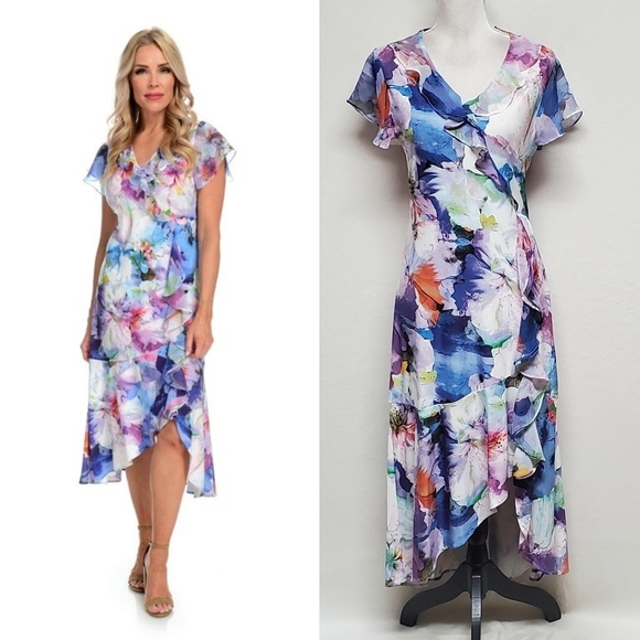 Kate & Mallory Knit Chiffon Flutter Sleeve Ruffle Detail Hi-lo Dress S - Picture 1 of 14